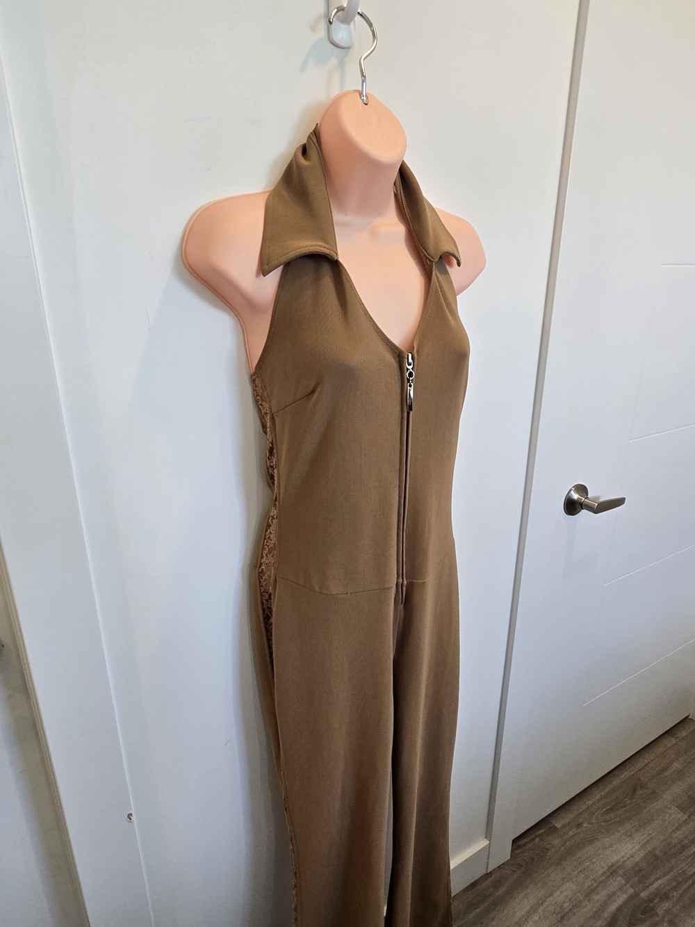 Women's Caramel Halter Jumpsuit with Zip Front
